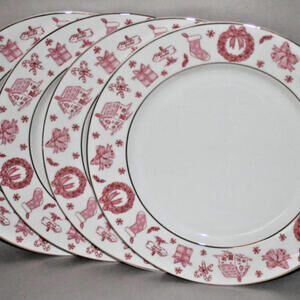 Grace Teaware 10.5” Pink Red Christmas Holiday Dinner Plates Set of 4 NEW